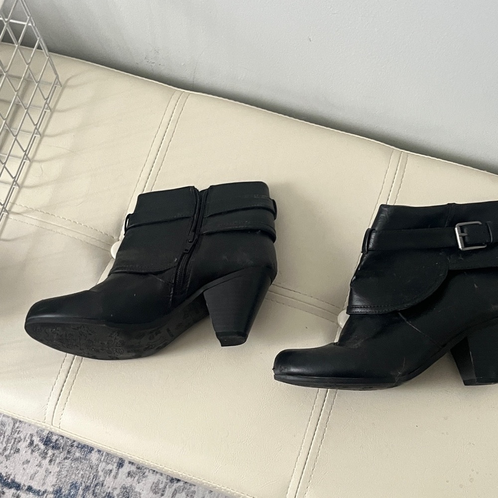 dressbarn Black Faux Leather Ankle Booties with Buckle Strap